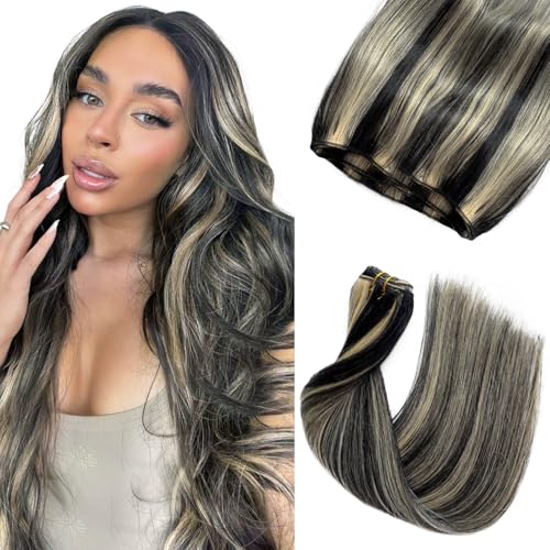 Licoville Sew in Hair Extensions Human Hair Black and Blonde Bundles 14 Inch 80G Weft Hair Extensions Real Human Hair 1613 Black with Blonde Highlights Remy Hair Bundles for Women - Image 1