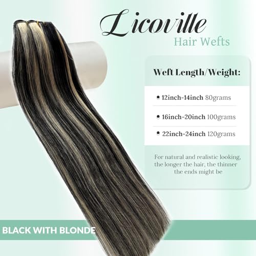 Licoville Sew in Hair Extensions Human Hair Black and Blonde Bundles 14 Inch 80G Weft Hair Extensions Real Human Hair 1613 Black with Blonde Highlights Remy Hair Bundles for Women - Image 3