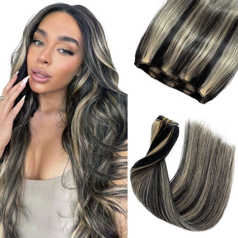 Licoville Sew in Hair Extensions Human Hair Black and Blonde Bundles 14 Inch 80G Weft Hair Extensions Real Human Hair 1613 Black with Blonde Highlights Remy Hair Bundles for Women - Image 2