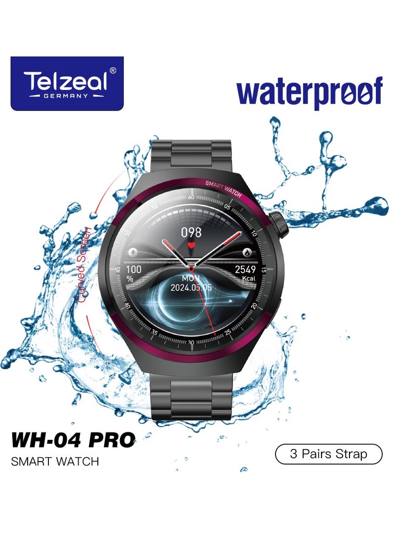 تلزيل ساعة Telzeal WH 04 Pro Max الذكية المقاومة للماء مع شاشة منحنية و3 أزواج من الأشرطة وكابل شحن مصممة للرجال والأولاد باللون الأسود - Image 1