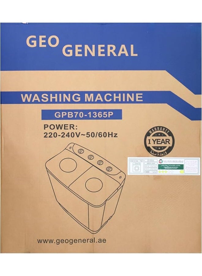 GEO GENERAL Geo General GBP70‑1365P 7 kg Semi‑Automatic Twin Tub Washing Machine – 5 kg Spin, Fast 15 min Wash & 5 min Spin, 4★ Water / 3★ Energy Efficiency - Image 4