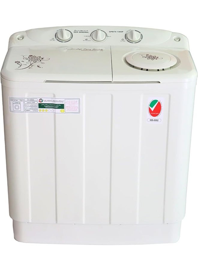 GEO GENERAL Geo General GBP70‑1365P 7 kg Semi‑Automatic Twin Tub Washing Machine – 5 kg Spin, Fast 15 min Wash & 5 min Spin, 4★ Water / 3★ Energy Efficiency - Image 1