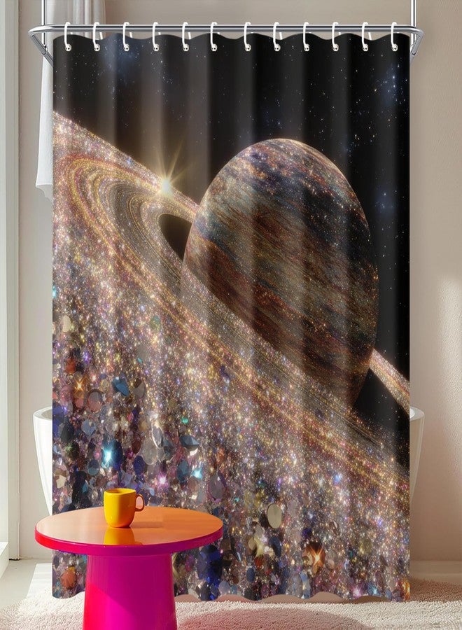 ستارة حمام IOHEFY بتصميم كوكب متلألئ، مقاس 72 × 72 بوصة، مزودة بخطافات، حلقات فضائية كونية، وزينة قماشية لامعة بتصميم مجرة، مع كريستالات ملونة، مثالية لحوض الاستحمام العصري. - Image 1