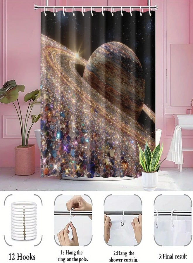 ستارة حمام IOHEFY بتصميم كوكب متلألئ، مقاس 72 × 72 بوصة، مزودة بخطافات، حلقات فضائية كونية، وزينة قماشية لامعة بتصميم مجرة، مع كريستالات ملونة، مثالية لحوض الاستحمام العصري. - Image 4
