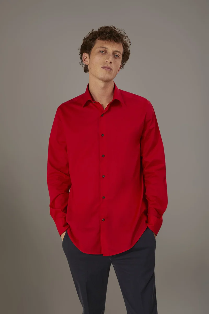 دوبل غانغر Casual shirt french collar comfort fit cotton mussola fabric - Red
