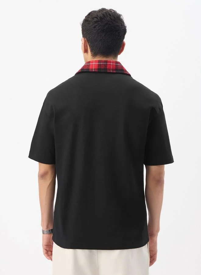 The Souled Store Men Black Oversized Polo with Checkered Collar