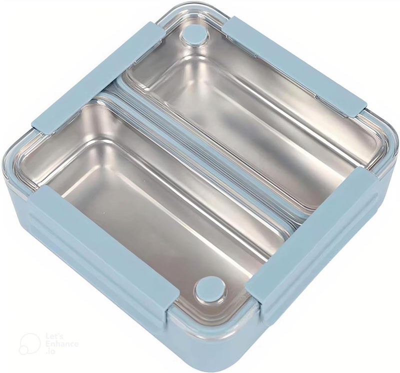 BrainGiggles Stainless Steel Bento Lunch Box with 2 Seperate Food Containers - Leak Proof Bento Box for Kids, Adults - Tiffin Lunchbox for Office, School (Blue) - Image 1