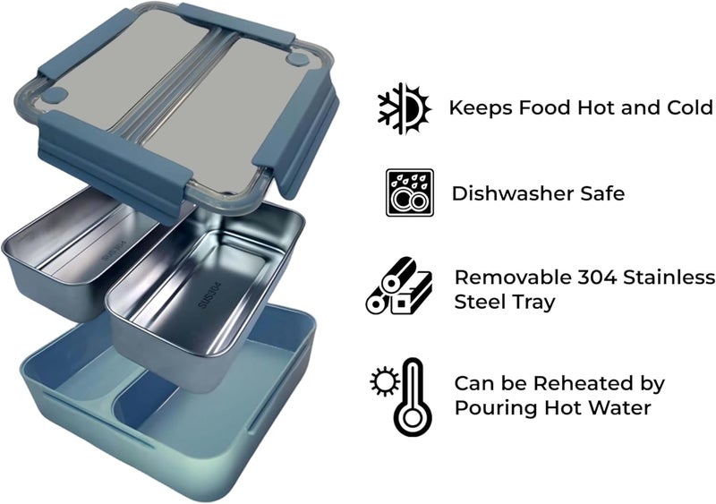 BrainGiggles Stainless Steel Bento Lunch Box with 2 Seperate Food Containers - Leak Proof Bento Box for Kids, Adults - Tiffin Lunchbox for Office, School (Blue) - Image 3
