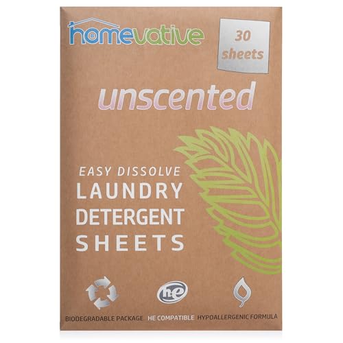Homevative Laundry Detergent Sheets, 30 Sheets, Up to 60 Loads, Easy Dissolve, Unscented, Eco package, HE Compatible, Septic friendly, Great for travel, college, laundromat and at home - Image 1