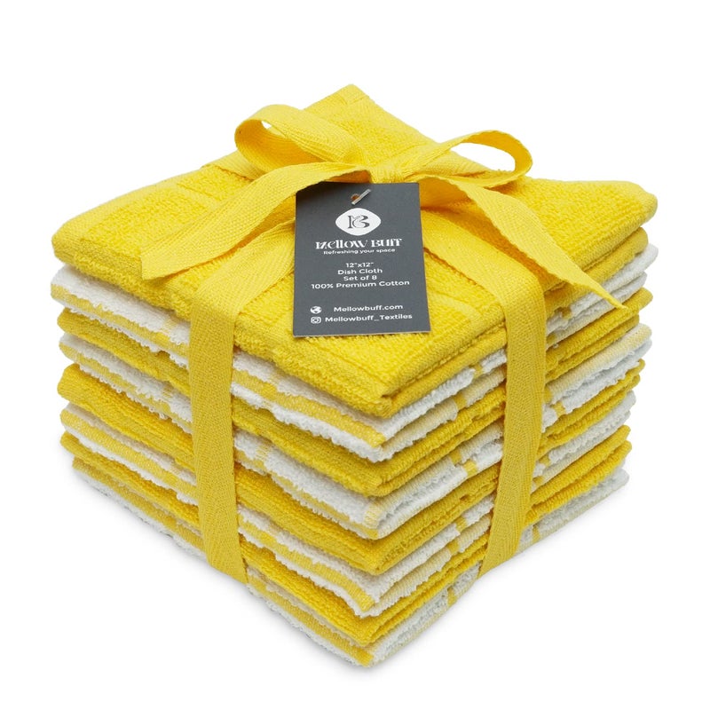 Mellow Buff 100% Cotton Terry Dish Cloth & Dish Towel, 8 Pack, Super Soft and Absorbent Kitchen Towels, Perfect for Kitchen Cleaning and Dish Washing (Yellow (Solid and Checks) 8 Pack) - Image 1