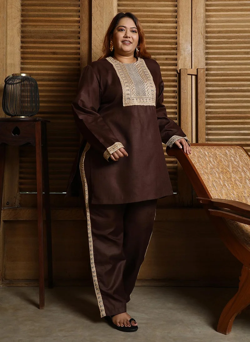 Instafab Plus  Women's Chocolate Brown Schiffli-Block Kurta Set for Women | Best Price UAE
