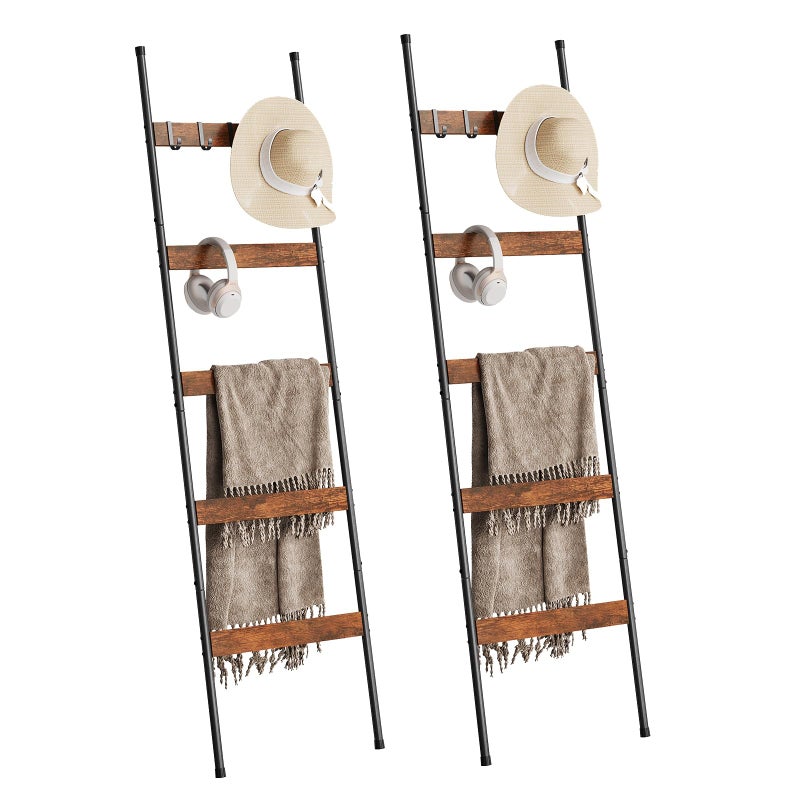 ELYKEN ELYKEN 2 Pack Blanket Ladder for Living Room Farmhouse 5 Tier Quilt Holder with 4 Removable Hooks for Bathroom Wood Towel Rack Display Wall Anchor Leaning Decorative Stand for Home Decor 