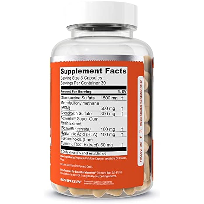 Essential Elements Glucosamine Chondroitin MSM Boswellia Serrata Hyaluronic Acid Supplement Joint Support Antioxidant Supplement for Flexibility - 180 Capsules (2-Pack) - Image 2