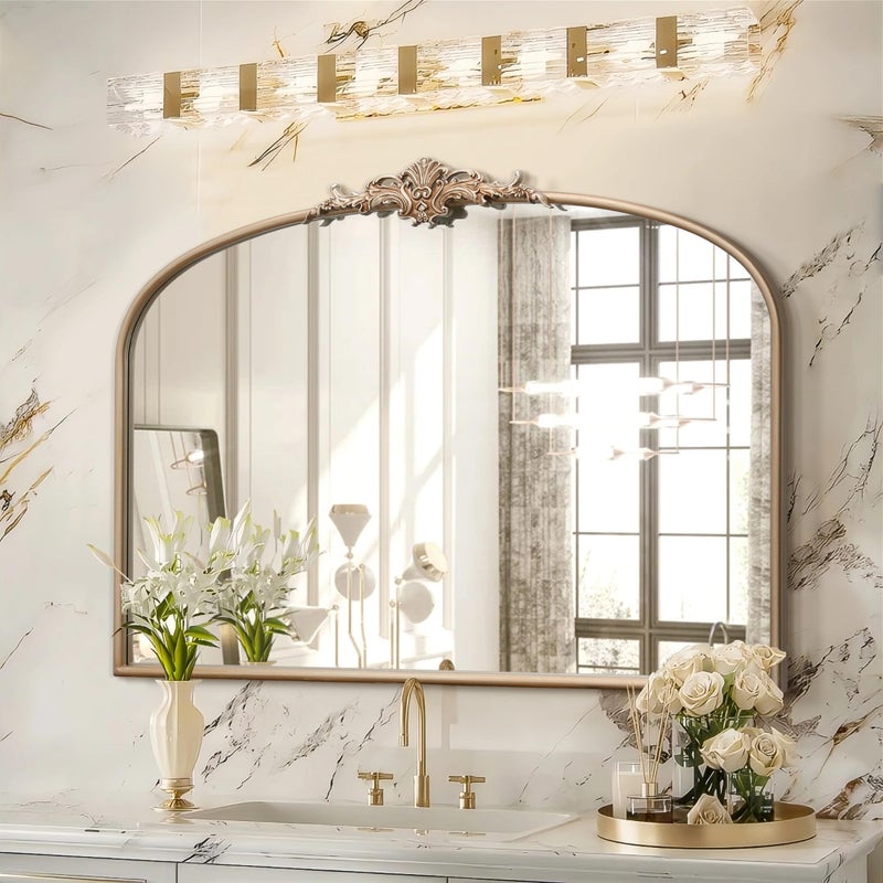 Besdomus Arched Vintage Gold Mirror: 40"x29" Large Champagne Gold Antique Wall Mounted Mirror - Baroque Traditional Ornate for Fireplace/Bathroom/Living Room - Home Decor for Fashion-Conscious - Image 1
