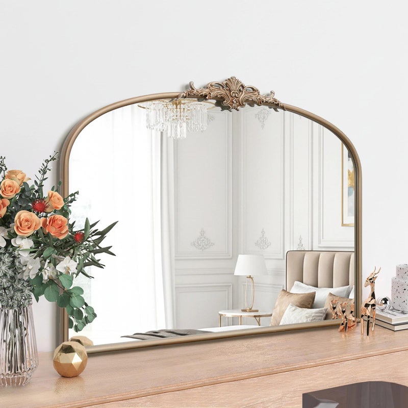 Besdomus Arched Vintage Gold Mirror: 40"x29" Large Champagne Gold Antique Wall Mounted Mirror - Baroque Traditional Ornate for Fireplace/Bathroom/Living Room - Home Decor for Fashion-Conscious - Image 3