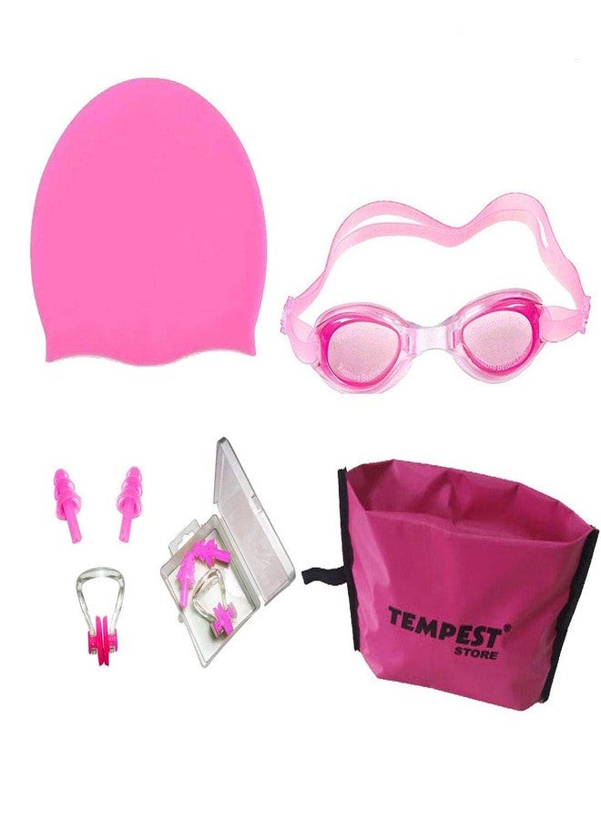 TEMPEST Swimming Kit with Swimming Goggles Silicone Swimming Cap + 1 Nose Clip + 2 Ear Plugs and Free KIT Bag (Pink) - Image 1