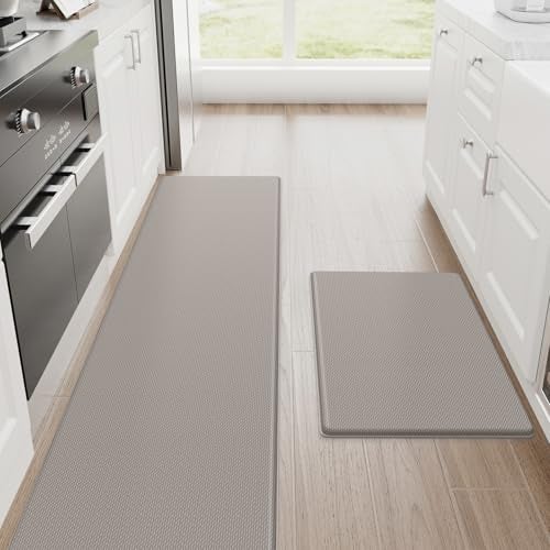 StepRite Kitchen Mats, 2PCS Kitchen Rugs, Cushioned Anti Fatigue Kitchen Mats for Floor, Non-Slip Standing Desk Mat, Waterproof Kitchen Rug Set for Kitchen, Floor, Office, 17.3"x30"+17.3"x70", Khaki - Image 1