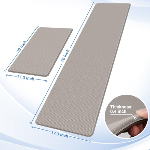 StepRite Kitchen Mats, 2PCS Kitchen Rugs, Cushioned Anti Fatigue Kitchen Mats for Floor, Non-Slip Standing Desk Mat, Waterproof Kitchen Rug Set for Kitchen, Floor, Office, 17.3"x30"+17.3"x70", Khaki - Image 2