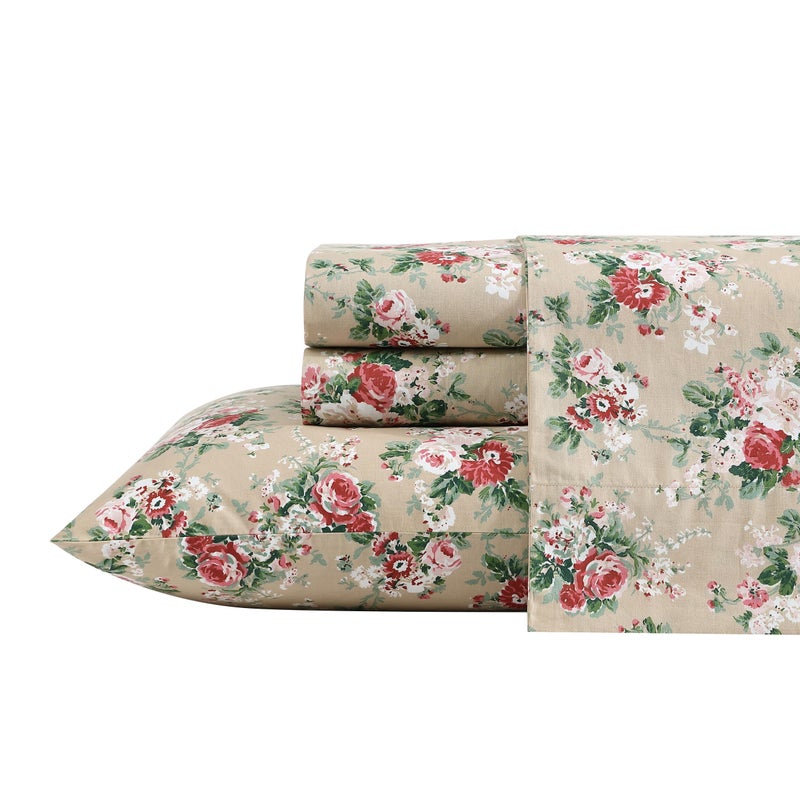 Laura Ashley Twin Size Sheet Set Crisp Lightweight Cotton Percale Bedding with Fitted Sheet and Pillowcase Floral Room Decor Deep Pocket College Dorm Room Essentials Ashfield Beige - Image 2