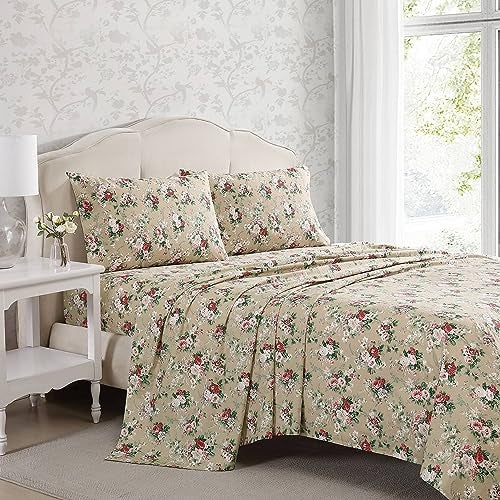 Laura Ashley Twin Size Sheet Set Crisp Lightweight Cotton Percale Bedding with Fitted Sheet and Pillowcase Floral Room Decor Deep Pocket College Dorm Room Essentials Ashfield Beige - Image 3