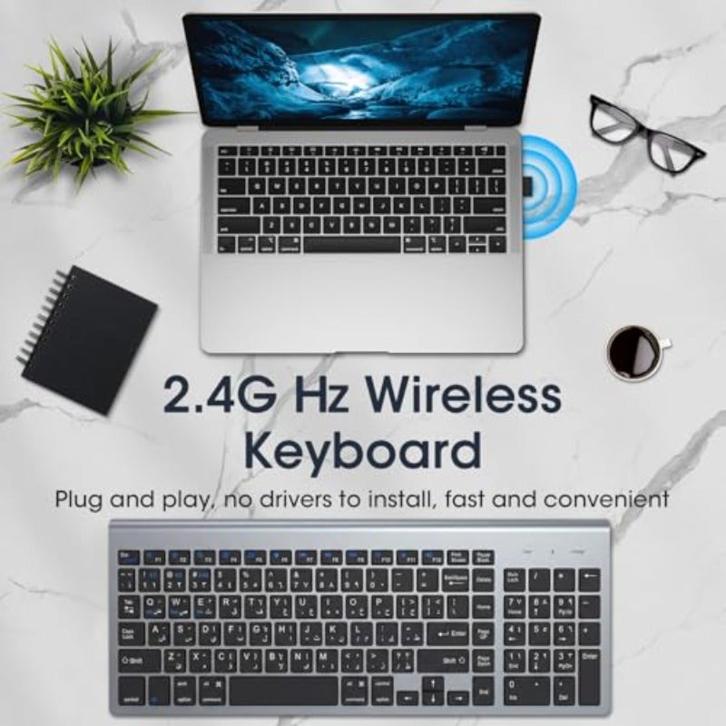 Rechargeable Wireless Keyboard and Mouse Arabic English 2.4G USB Full Size Keyboard Mouse Combo with Number Pad 2.4 GHz USB Receiver Slim Keyboard and Ergonomic Mouse Set Gray - Image 2