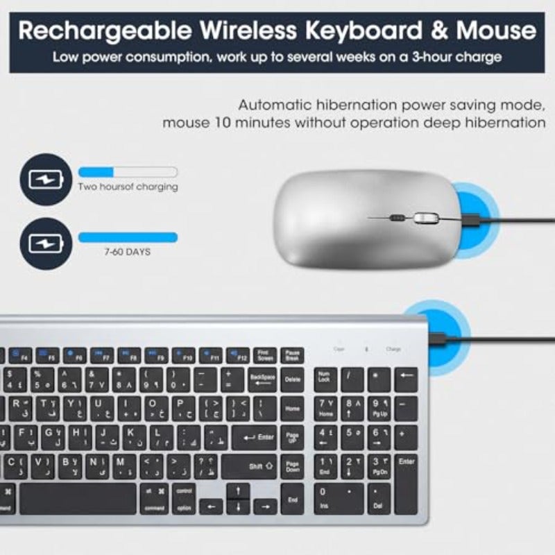 Rechargeable Wireless Keyboard and Mouse Arabic English 2.4G USB Full Size Keyboard Mouse Combo with Number Pad 2.4 GHz USB Receiver Slim Keyboard and Ergonomic Mouse Set Gray - Image 3