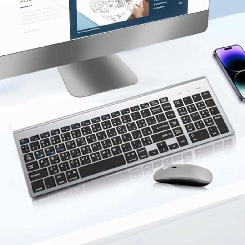 Rechargeable Wireless Keyboard and Mouse Arabic English 2.4G USB Full Size Keyboard Mouse Combo with Number Pad 2.4 GHz USB Receiver Slim Keyboard and Ergonomic Mouse Set Gray - Image 1
