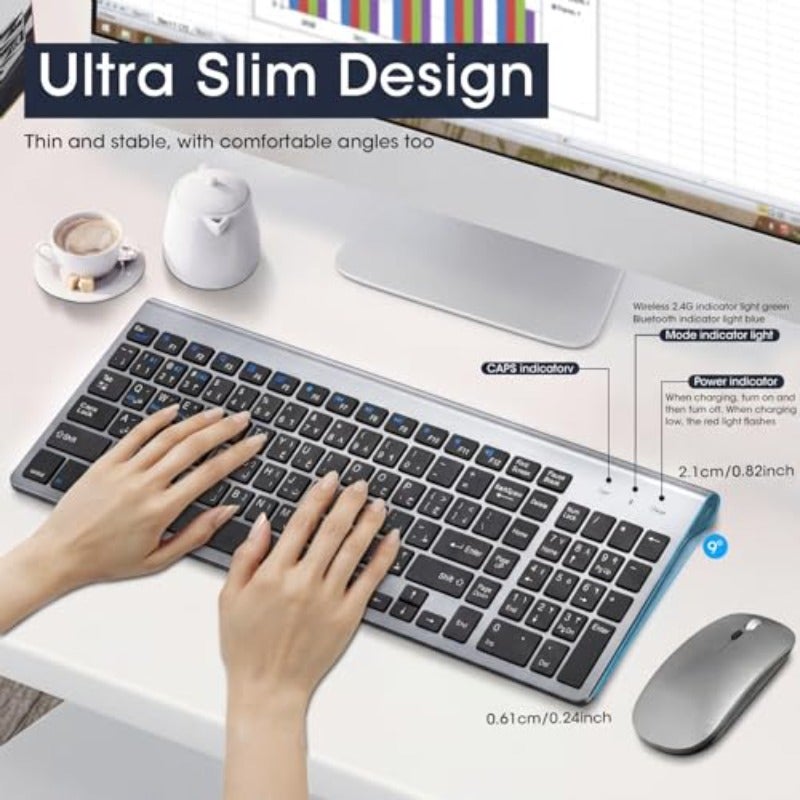 Rechargeable Wireless Keyboard and Mouse Arabic English 2.4G USB Full Size Keyboard Mouse Combo with Number Pad 2.4 GHz USB Receiver Slim Keyboard and Ergonomic Mouse Set Gray - Image 4