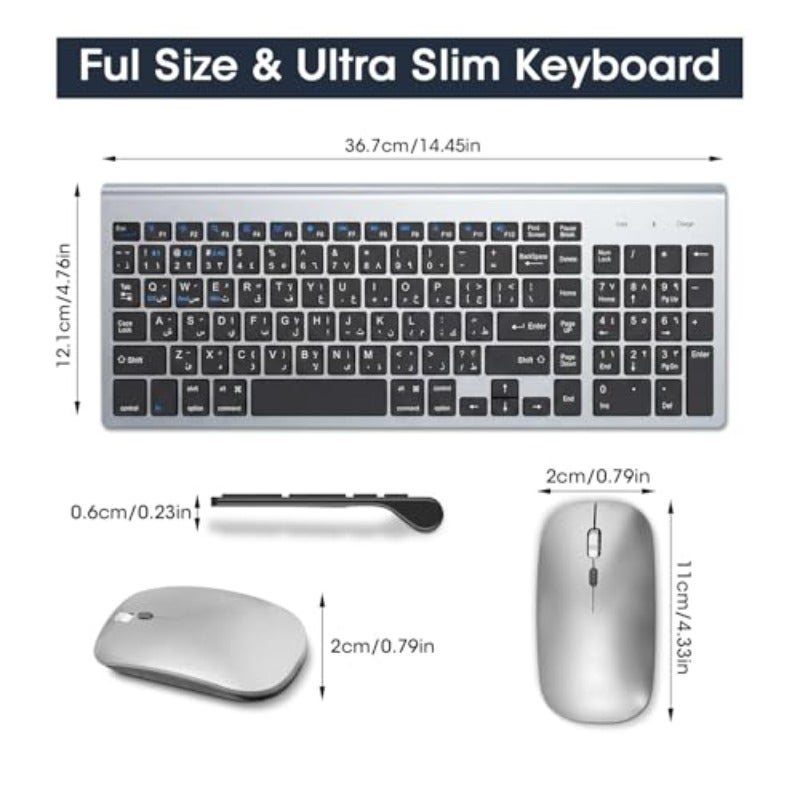 Rechargeable Wireless Keyboard and Mouse Arabic English 2.4G USB Full Size Keyboard Mouse Combo with Number Pad 2.4 GHz USB Receiver Slim Keyboard and Ergonomic Mouse Set Gray - Image 5