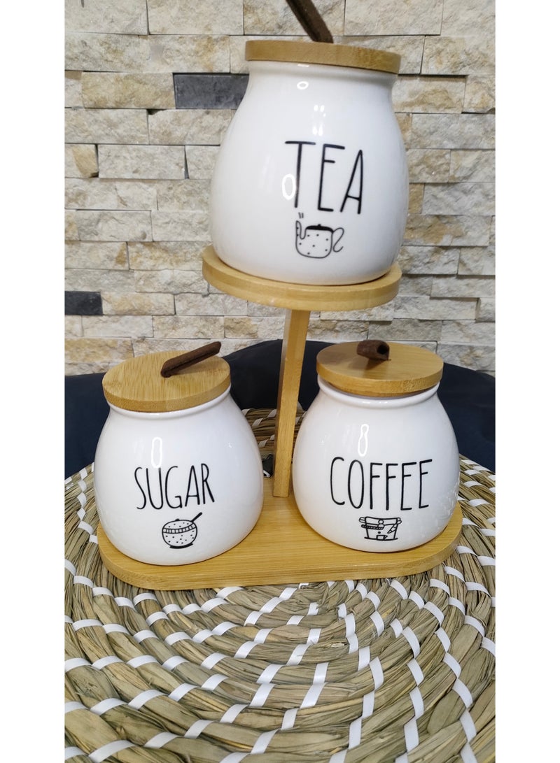 طقم شاي وسكر وقهوه بورسلين مع ستاند خشبى - Image 1