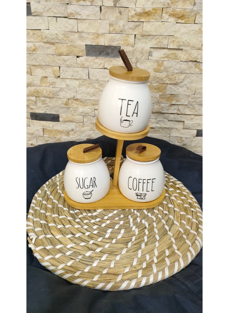 طقم شاي وسكر وقهوه بورسلين مع ستاند خشبى - Image 3