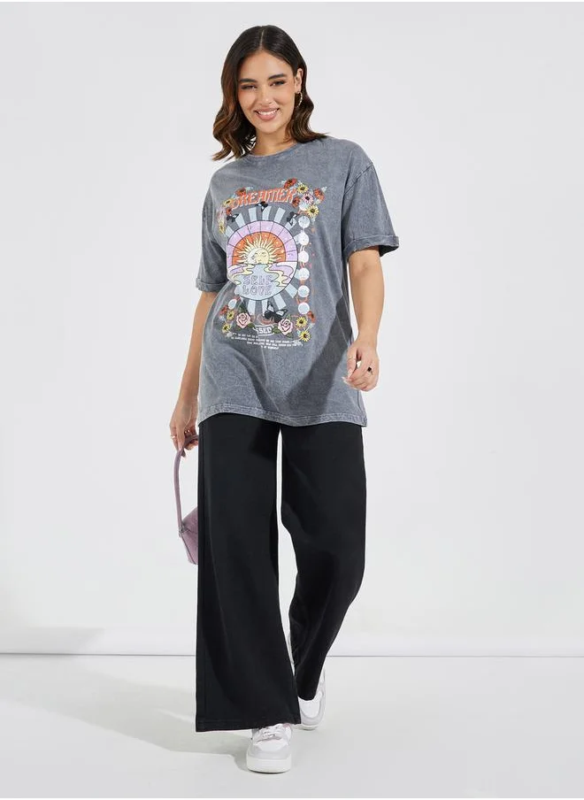 Styli Acid Wash Dreamer Graphic Oversized Longline T-Shirt