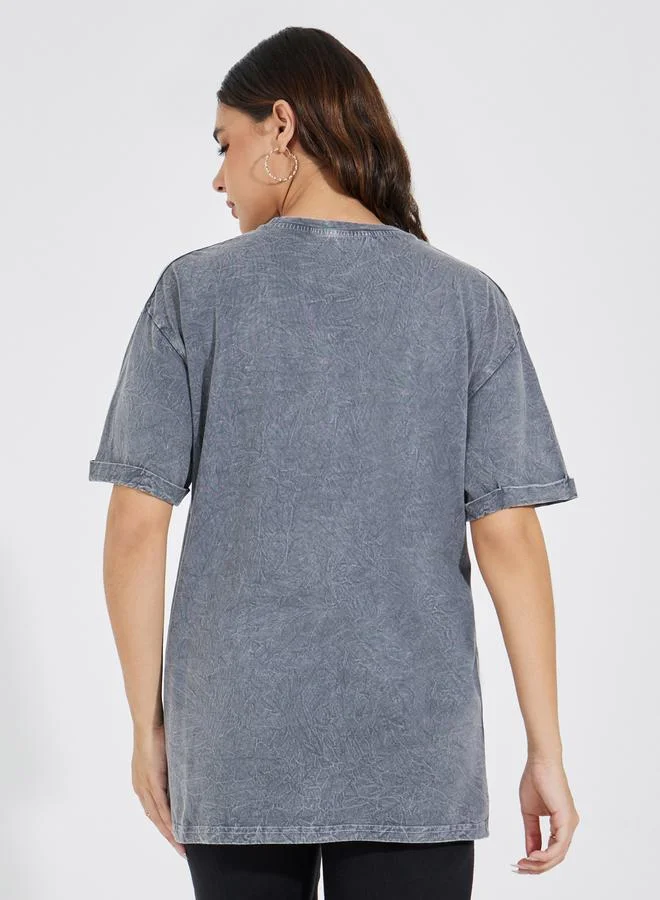 Styli Acid Wash Dreamer Graphic Oversized Longline T-Shirt