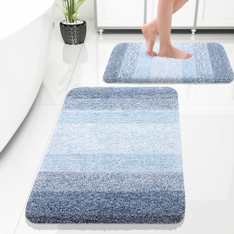 OLANLY Bathroom Rug Set 2 Piece, Soft Absorbent Microfiber Bath Rug Set, Non-Slip, Machine Wash Dry, Plush Shaggy Bath Mats for Bathroom (30"x20"+24"x16", Blue) - Image 1