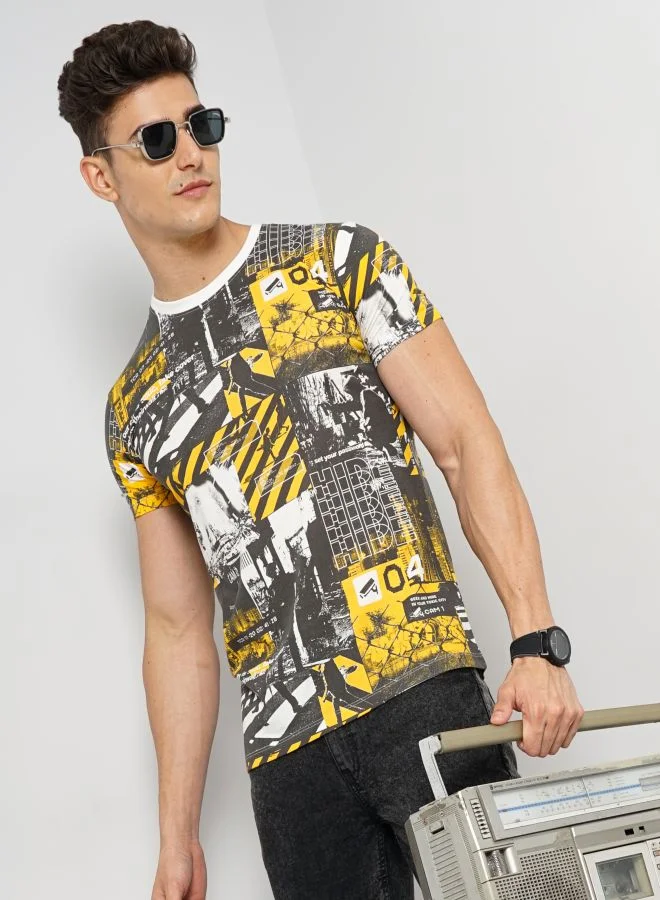 The Indian Garage Co Men Slim Fit Abstract Printed Round Neck Tshirt