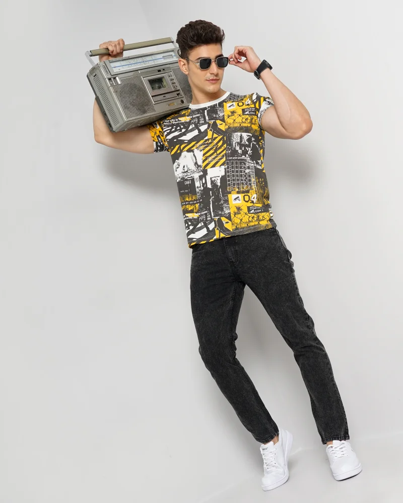 The Indian Garage Co Men Slim Fit Abstract Printed Round Neck Tshirt