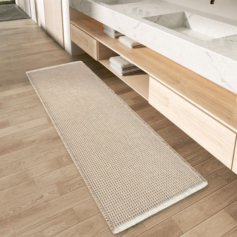 AMOAMI Upgraded Waffle Runner Rug Super Absorbent Non Slip Bath Mats for Bathroom Machine Washable Bathroom Runner Rug with Tassels, Ideal for Hallway Bedroom Laundry Room, 2' x 5', Brown & Cream - Image 1