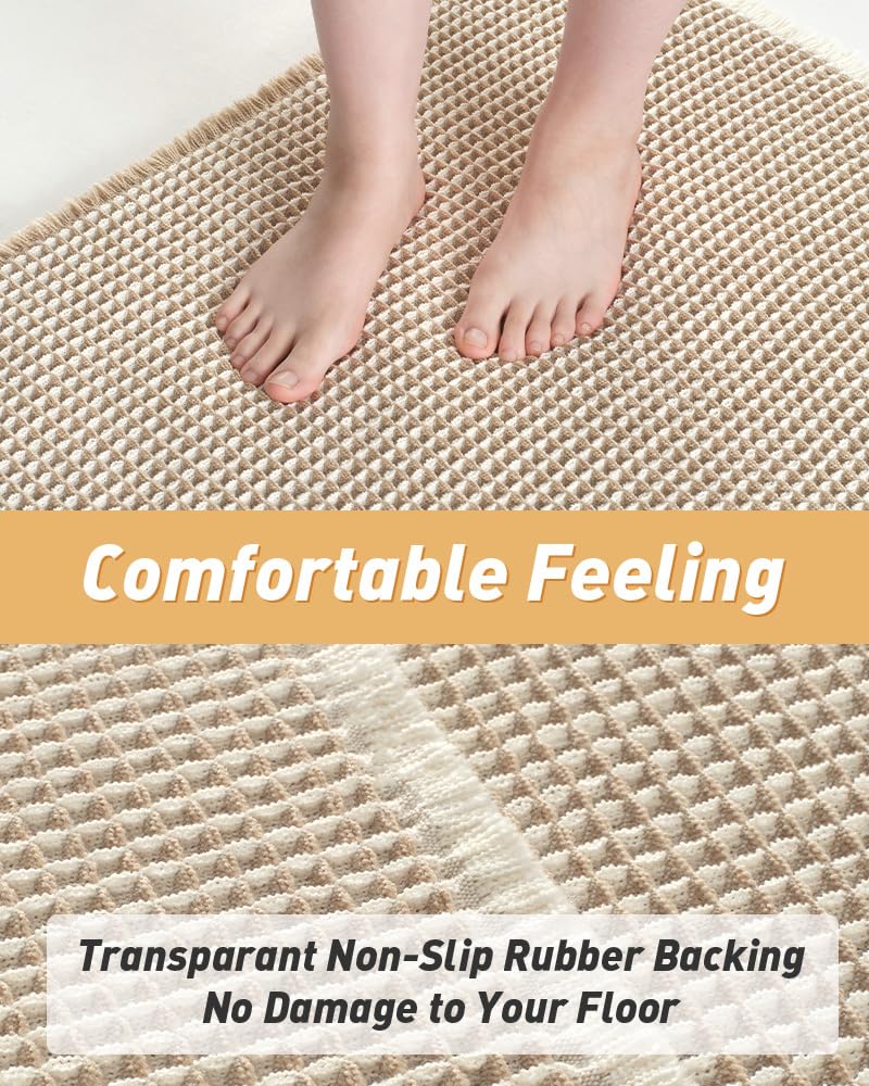 AMOAMI Upgraded Waffle Runner Rug Super Absorbent Non Slip Bath Mats for Bathroom Machine Washable Bathroom Runner Rug with Tassels, Ideal for Hallway Bedroom Laundry Room, 2' x 5', Brown & Cream - Image 3