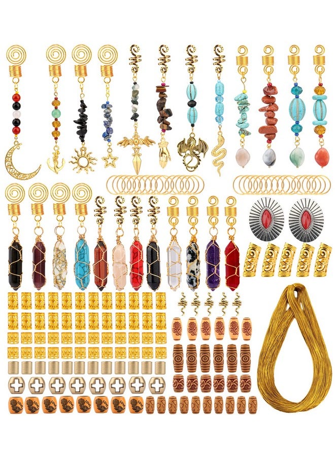 Messen 170 Pcs Dreadlock Jewelry Crystal Loc Jewelry Handmade Gemstone Adornment Hair Pendants Imitation Wood Beads Beard Tube Bead Hair Cuff Coils Rings Braiding Accessories With Metallic Cord (Gold)  - Image 1
