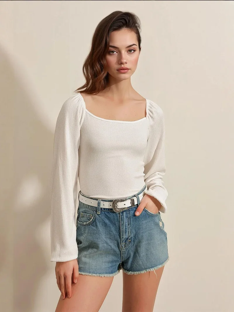 BIG DART BDART Fitted Textured Blouse with Square Collar and Ruffle Detail