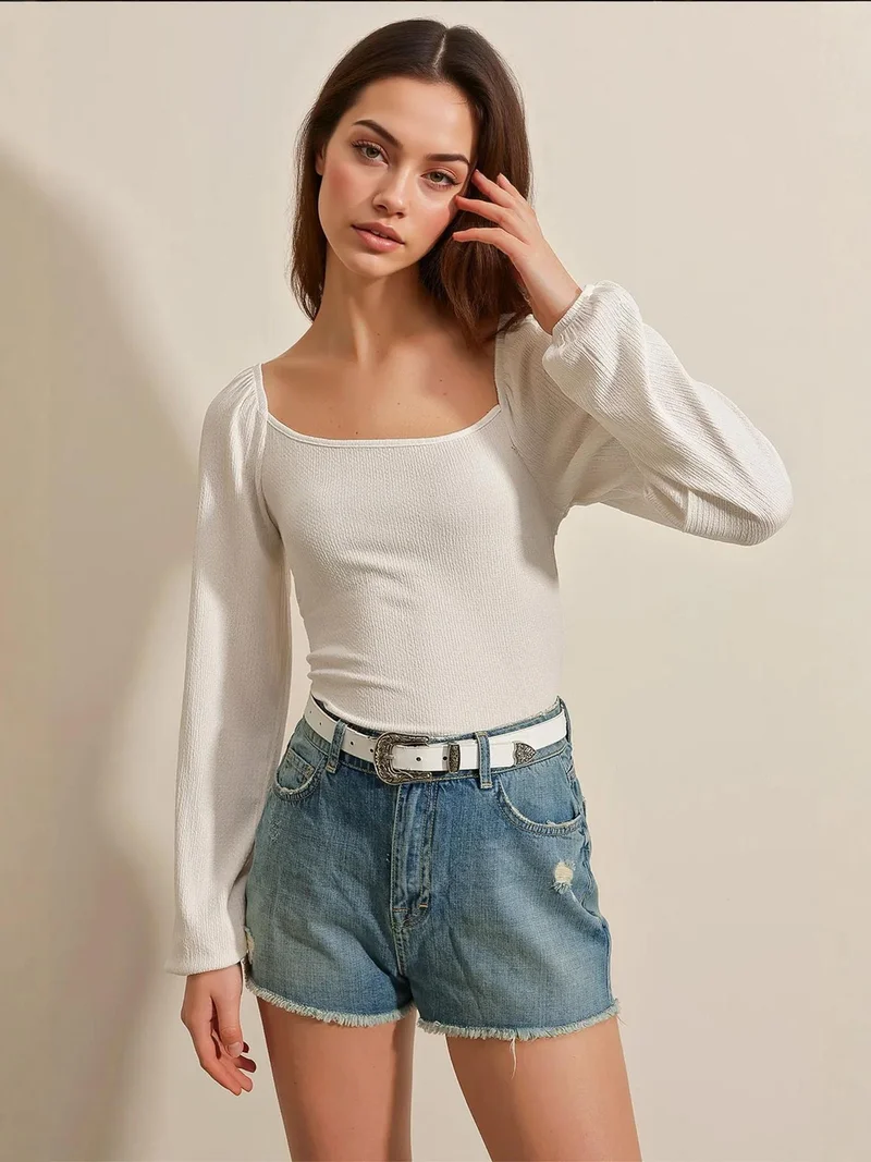 BIG DART BDART Fitted Textured Blouse with Square Collar and Ruffle Detail