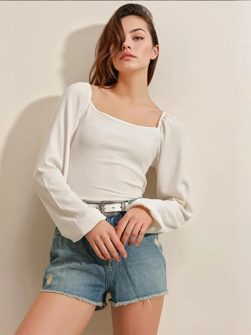 Big Dart White BDART Fitted Textured Blouse with Square Collar and Ruffle Detail for Women | Best Price UAE