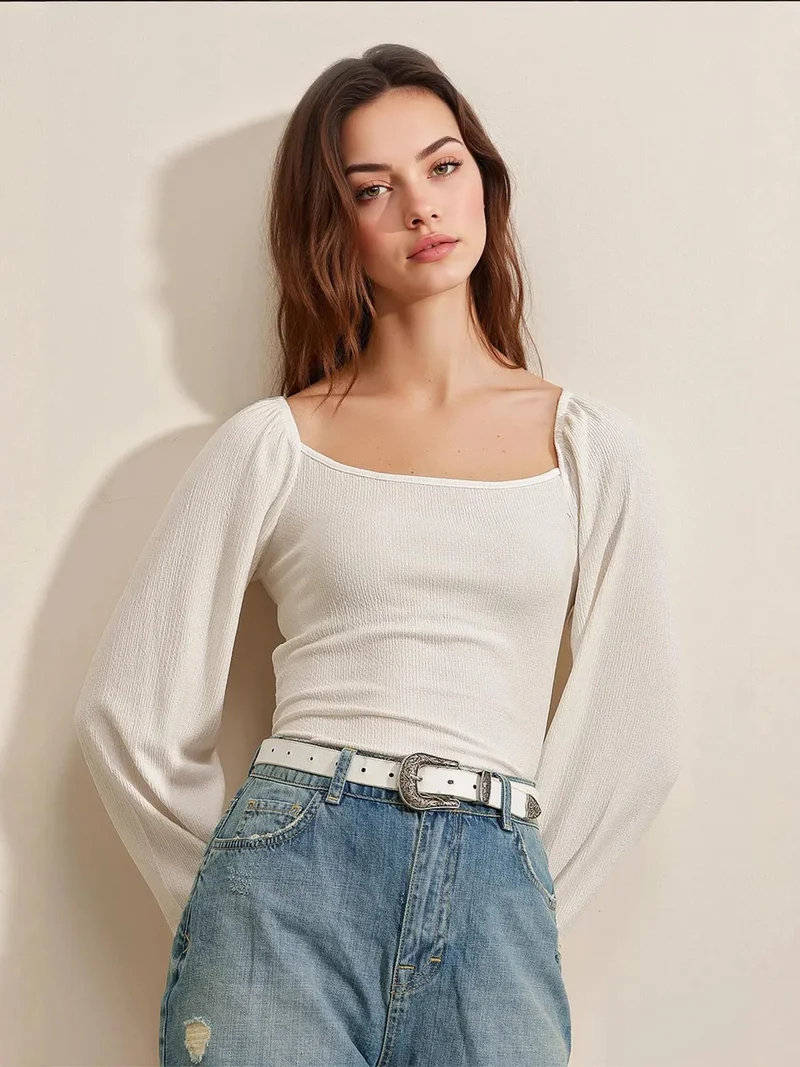 Big Dart White BDART Fitted Textured Blouse with Square Collar and Ruffle Detail for Women | Best Price UAE