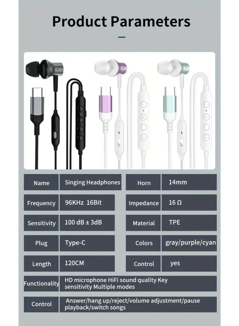 Type-C Wired Voice-Changing Earphones, Intra-Auricular Karaoke Buds with Sound Card and Volume Control Buttons for Multi-Mood Effects, Suitable for Live Streaming & Recording Singing, 3D Stereo HIFI Quality Gaming Music Vocal Proactive Noise Cancelling - Image 3
