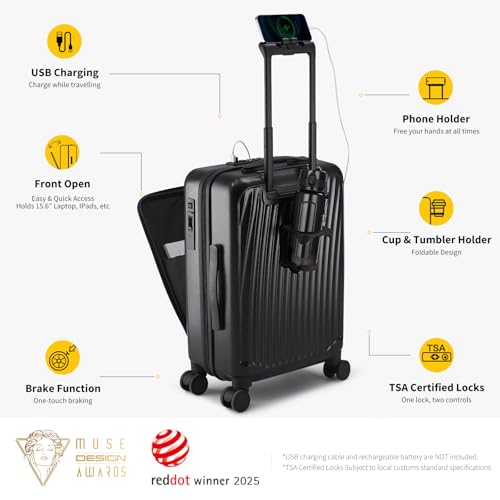 OIWAS 20 Inch Carry On Luggage, Front Pocket Carryon Suitcase with Phone Holder & Cup Holder, Airline Approved Hardshell Luggage with Double TSA Lock, USB Port, One-Click Brake, Black - Image 4