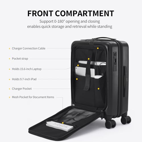 OIWAS 20 Inch Carry On Luggage, Front Pocket Carryon Suitcase with Phone Holder & Cup Holder, Airline Approved Hardshell Luggage with Double TSA Lock, USB Port, One-Click Brake, Black - Image 5