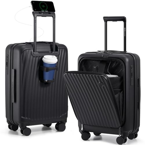 OIWAS 20 Inch Carry On Luggage, Front Pocket Carryon Suitcase with Phone Holder & Cup Holder, Airline Approved Hardshell Luggage with Double TSA Lock, USB Port, One-Click Brake, Black - Image 1