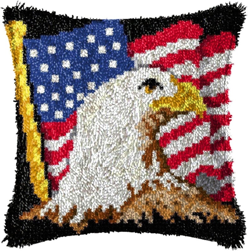 LAPATAIN Latch Hook Kits for DIY Throw Pillow Cover,American Flag Eagle Pattern Needlework Cushion Cover Hand Craft Crochet for Great Family 17X17inch - Image 1