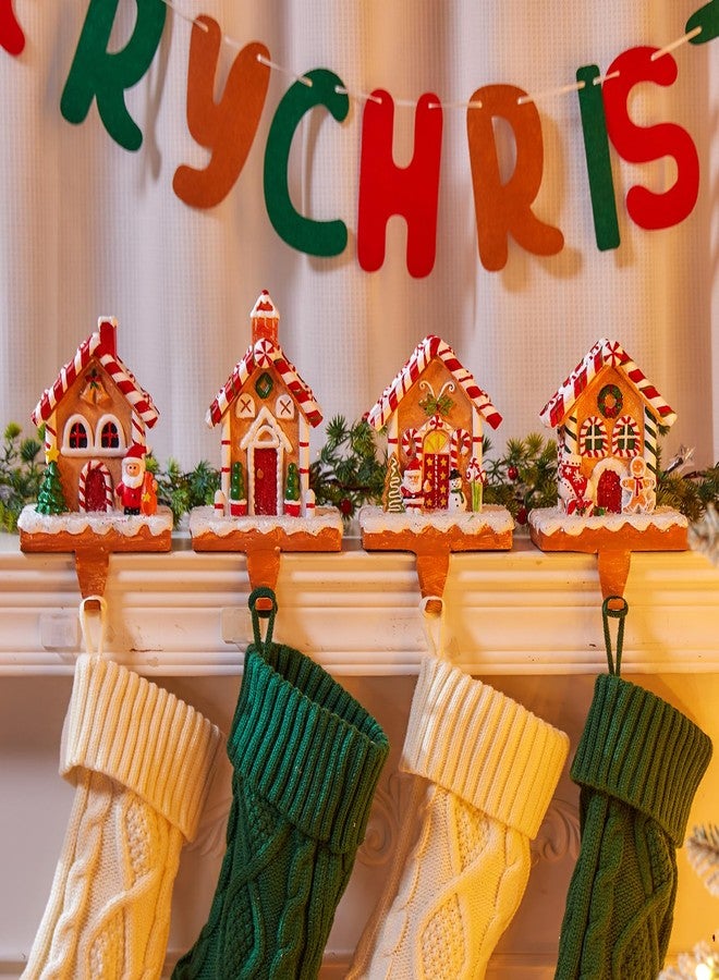 Minetom Christmas Stocking Holders for Mantle Set of 4, 3D Resin Stocking Holders Hook for Mantel, Non-Slip Gingerbread Candy House Fireplace Stocking Holders for Christmas Home Holiday Decorations - Image 1