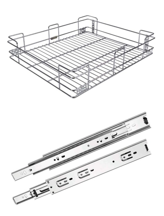 STAINLESS STEEL PLAIN KITCHEN BASKET PREMIUM MODULAR CABINET ORGANIZER PLAIN BASKET WITH 20 INCH TELESCOPIC CHANNEL 21W X 20L X 4H INCHES EFFICIENT KITCHEN STORAGE SOLUTION